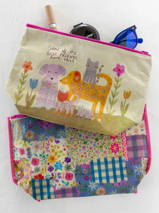 Recycled Reversible Zipper Pouch - Best Friends Have Tails