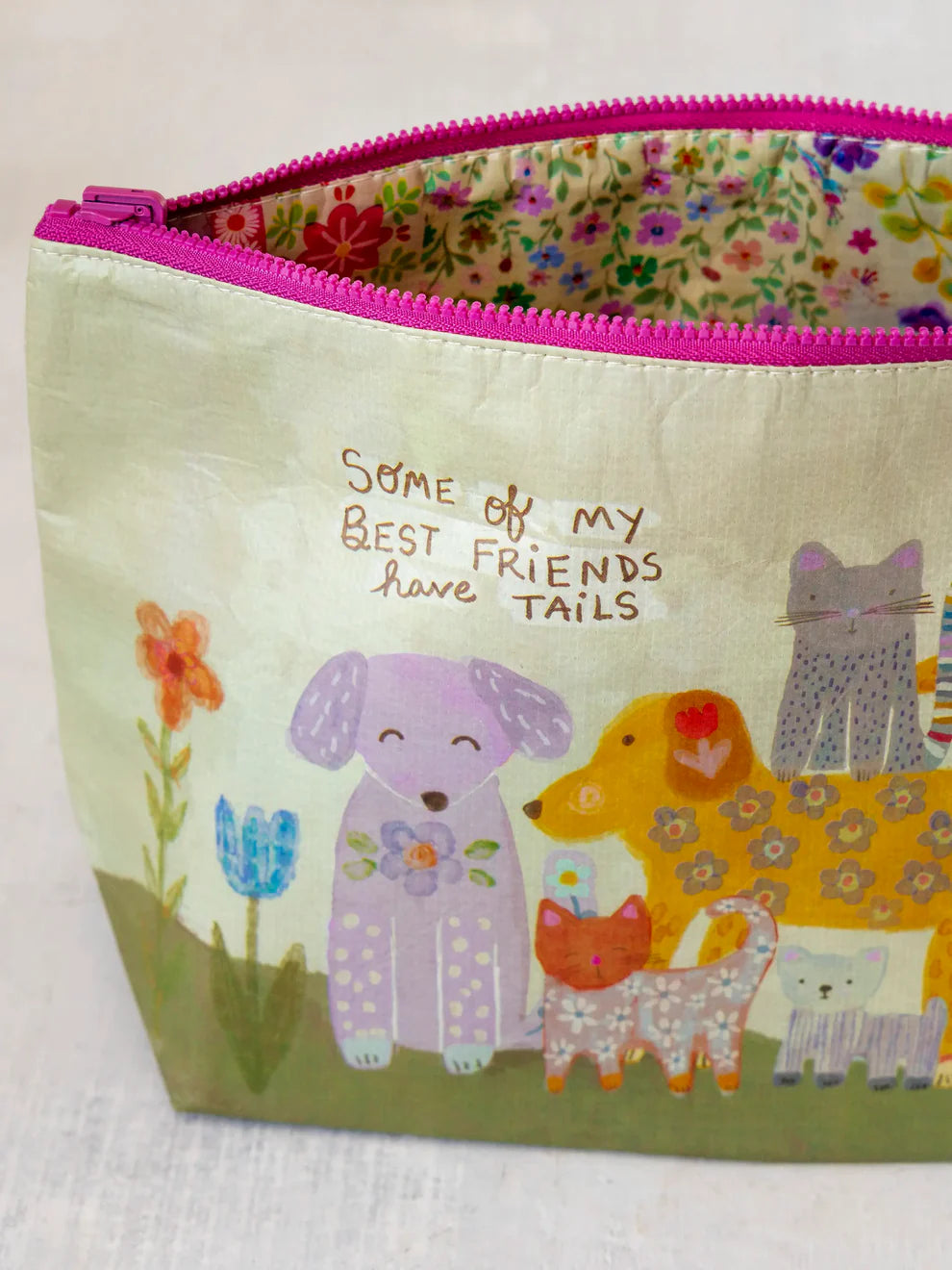 Recycled Reversible Zipper Pouch - Best Friends Have Tails