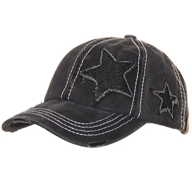 Glitter Star Distressed Ponytail Hat