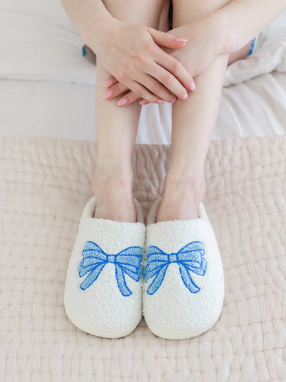 Blue Bow Fuzzy Plush Slippers