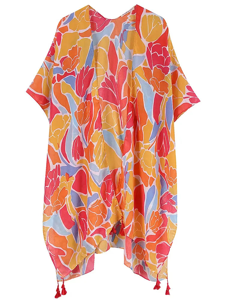 Floral Print Kimono with Tassels