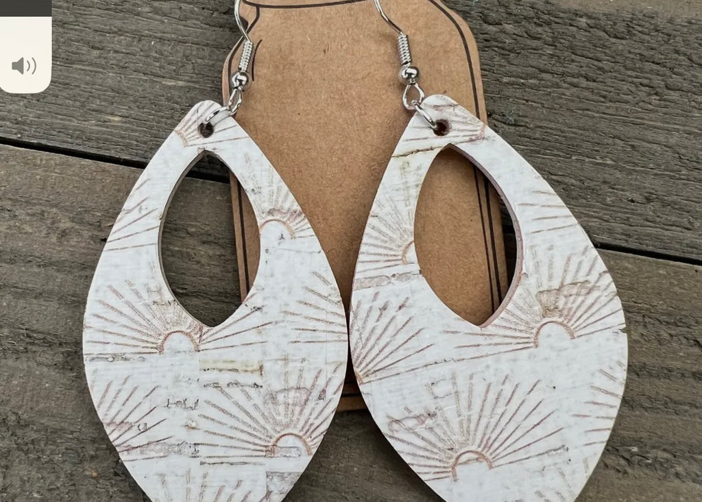 White Sunburst Cork and Leather Teardrop Earrings